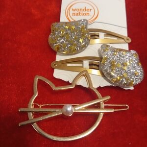 Cute Large Gold Tone and Pearl Cat with 2 Kitty Glitter & Star Hair Clips